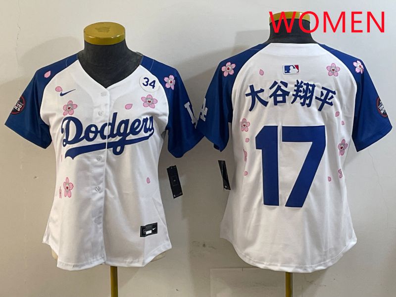 Women Los Angeles Dodgers #17 Ohtani White Blue Sakura Edition 2025 Nike MLB Jersey style 15->women mlb jersey->Women Jersey